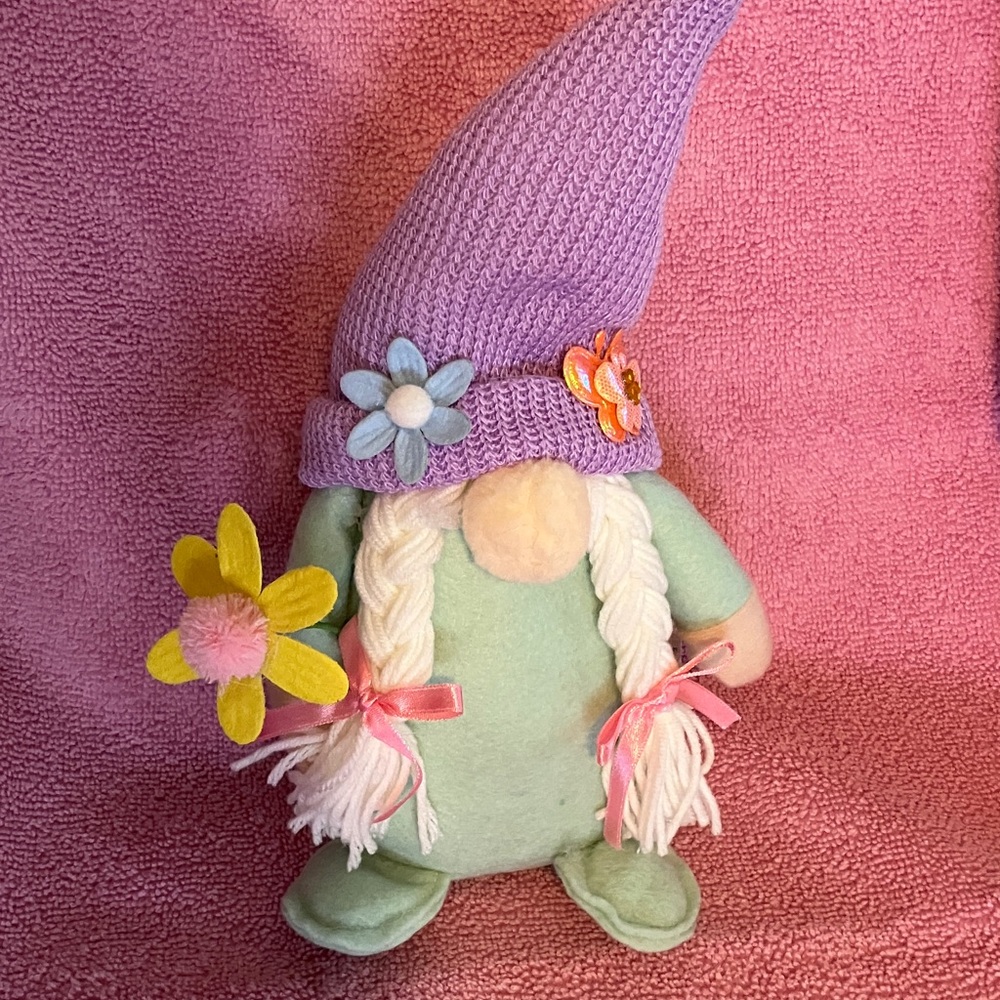 Whimsical Plush Gnome with Purple Hat and Green Outfit